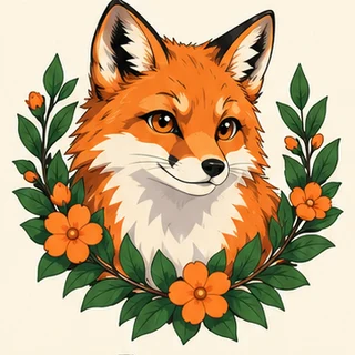 Exemplo do estilo Anime: raposa com flores e folhagem