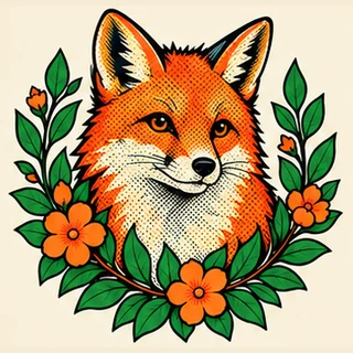 Exemplo do estilo Pop Art: raposa com flores e folhagem
