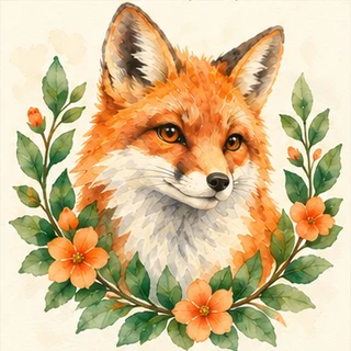 Exemplo do estilo Aquarela: raposa com flores e folhagem