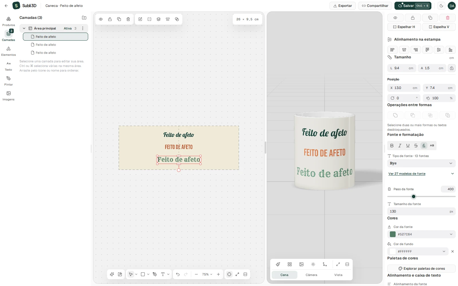 Frase Feito de afeto com três fontes diferentes no editor de texto