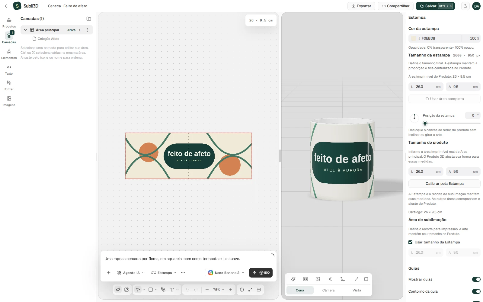 Chat de IA no editor Subli3D com descrição da estampa e opções de criação