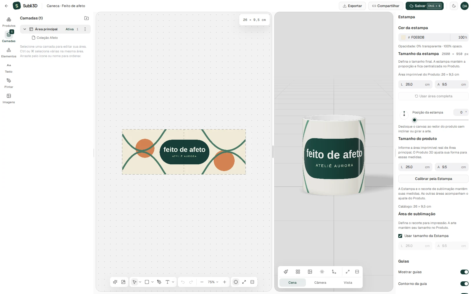 Editor atual com a Estampa geométrica ao lado da caneca em 3D