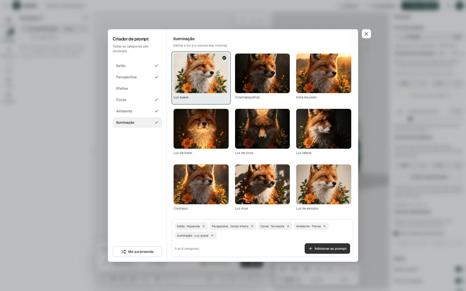 Criador de prompt com opções de estilo, perspectiva, efeitos, cores, ambiente e iluminação