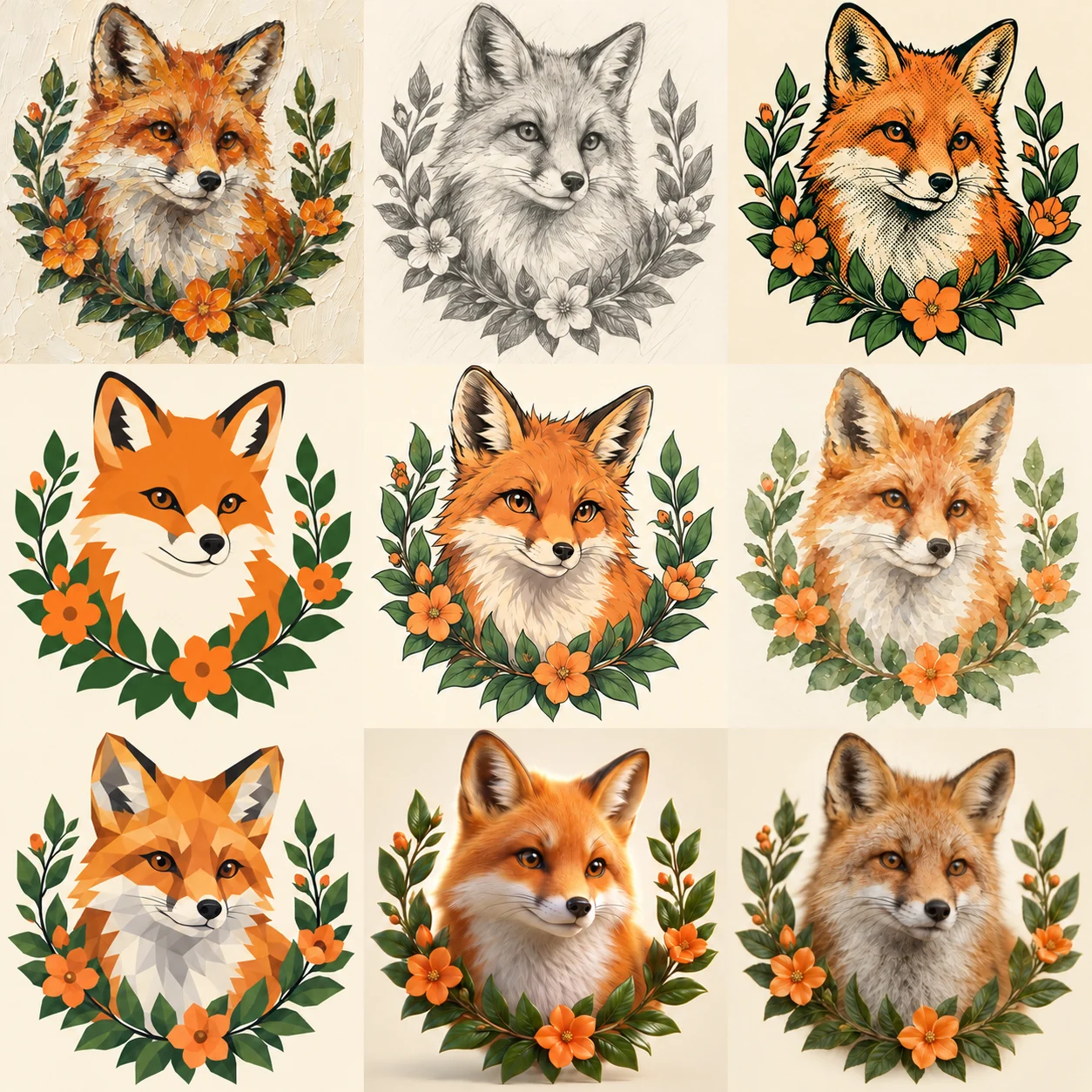 Ilustração de uma raposa com flores e folhagem